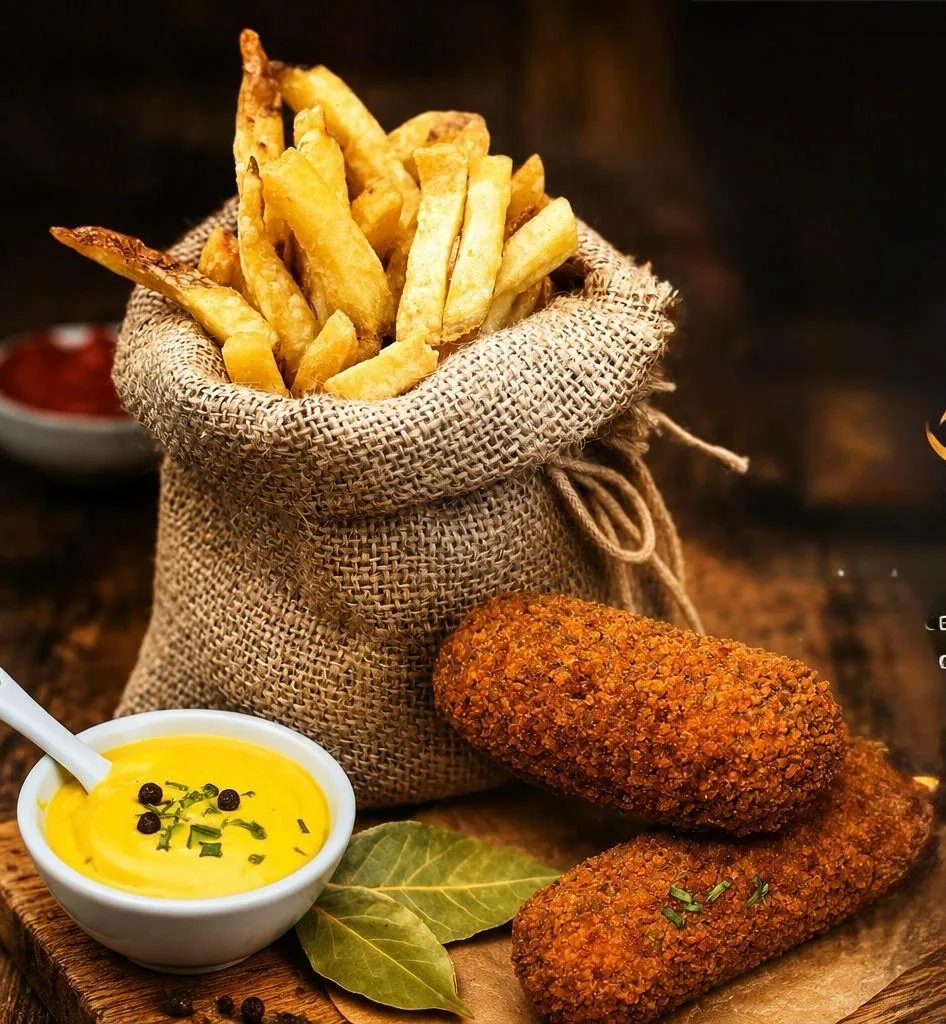 Verse friet in puntzak met kroketten en sauzen